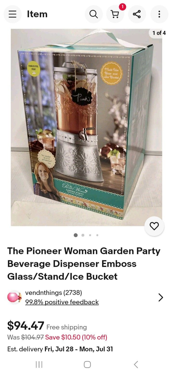 The Pioneer Woman Garden Party Beverage Dispenser Emboss Glass/Stand/Ice Bucket