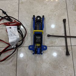 2 Ton Floor Jack Only No Handle, jumper cables and cross lug wrench.