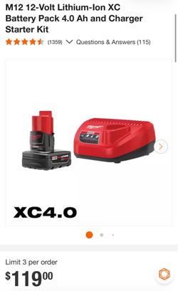 M12 12-Volt Lithium-Ion XC Battery Pack 4.0 Ah and Charger Starter Kit - NEW