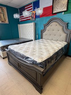 Queen bed frame solid wood gray with mattress set pillow top