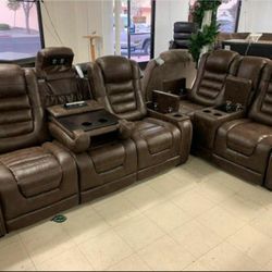 Ashley Chocolate Brown Leather Power Reclining Sofa Loveseat With Adjustable Headrest 👌 Living Room Set 👈 Showroom Available 👍 In Stock ✅
