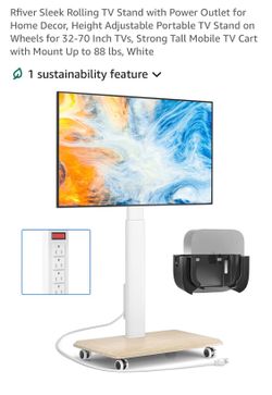 Rolling TV Stand with Power Outlet for Home Decor, Height Adjustable Portable TV Stand on Wheels for 32-70 Inch TVs