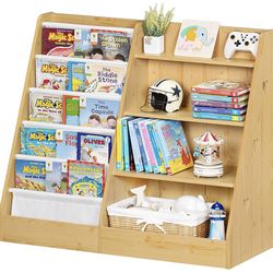 4 Tier Kids Bookshelf and Storage Organizer, Five Layer Sling Children Bookcase, Baby Toddler Wooden Book Shelf, Display Cabinet for Playroom, Bedroom