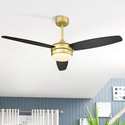 YOUKAIN Modern Ceiling Fan, 52 Inch Gold Ceiling Fan With Light And Remote Control, LED Ceiling Fan With 3 Matte Black Blades For Living Room, Bedroom