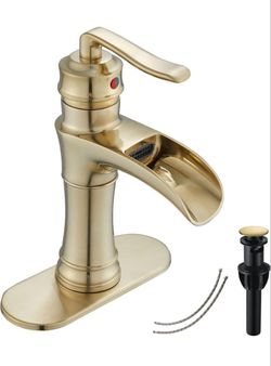 (Brand New in Box)  Waterfall Bathroom Faucet Brushed Gold GGStudy Single Handle One Hole Farmhouse Bathroom Vanity Faucet Basin Mixter Tap Deck Mount