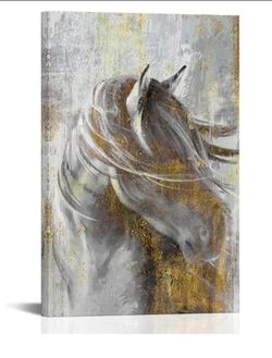 LoveHouse Horse Wall Art Abstract Gold Grey Horse Canvas Paintings Modern Horse Wall Decor for Living Room Bedroom Office Framed 24"x36"