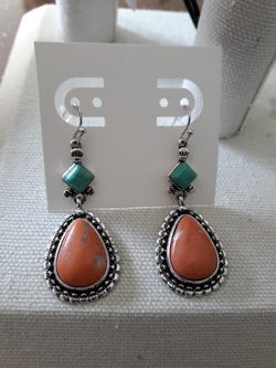 Antique 925 Silver Turquoise stone. Drop Dangle Earrings
