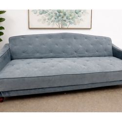Blue Velvet Tufted Mid-Century Sofa