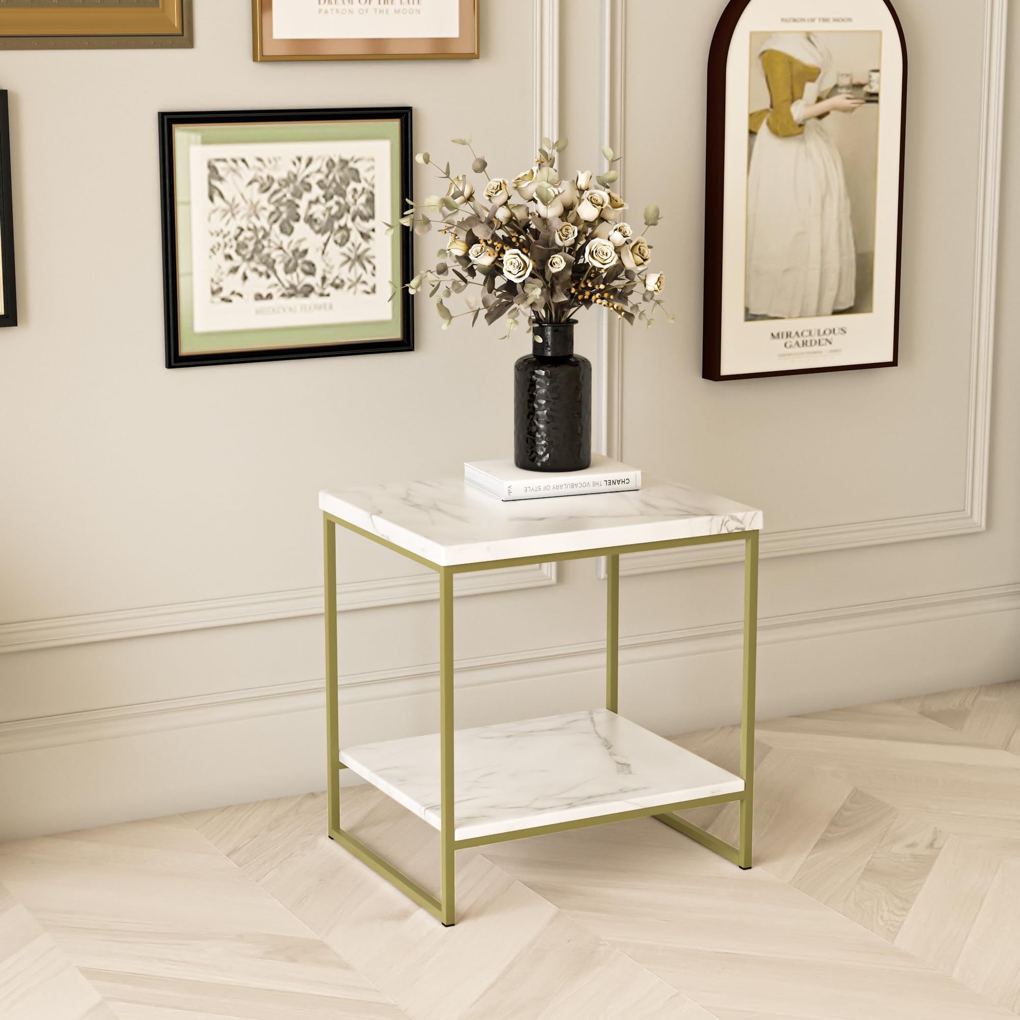 2-Tier Faux Marble Metal bracket End Table, Nightstand , Small Coffee Table