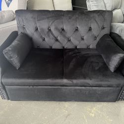 New 55" Convertible Sleeper Sofa Bed with Pull Out Couch, Velvet Tufted Button Backrest Loveseat - Black