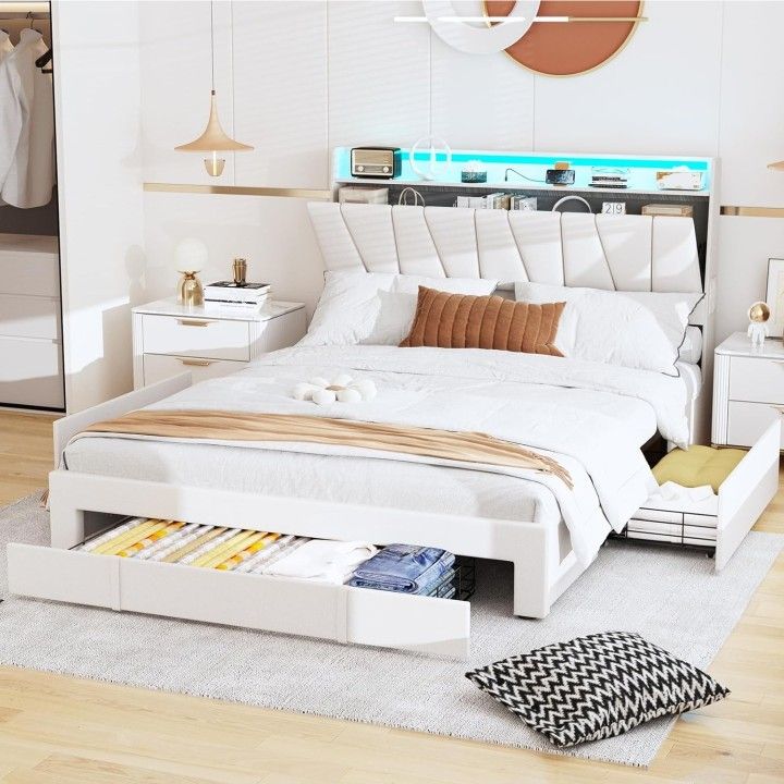 Silver Full Size Bed Frame with Storage Headboard and 3 Drawers,Upholstered with Charger