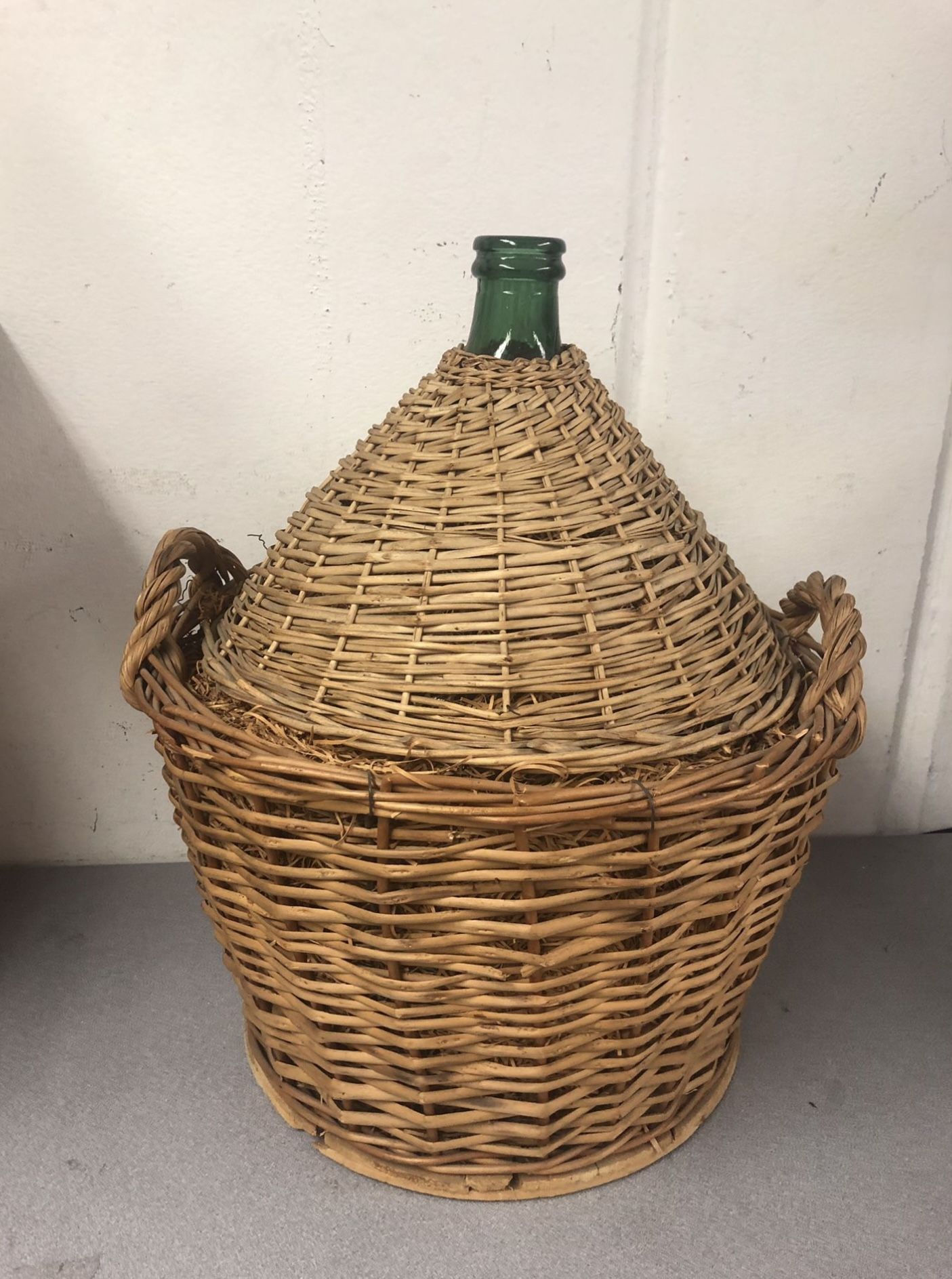 French Antique Demijohn green wine glass bonbonne wine bottle wicker