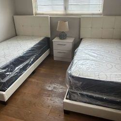 TWO NEW BED FRAME TWIN SIZE WITH MATTRESS AND BOX SPRING  6PCS 