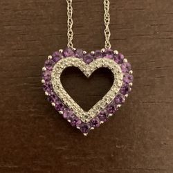 14k White Gold Chain & Pendant with Amethyst and Diamond Accents