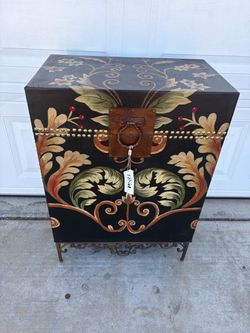 Hand-Painted Decorative Storage Trunk on Iron Stand