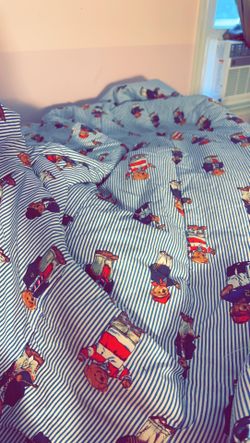 VTG Ralph Lauren Polo Bear Comforter Twin Blue Stripes Made in USA