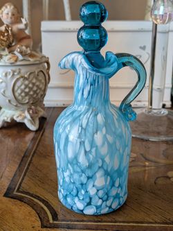 Vintage Rainbow Art Glass Co Hand Blown Blue & White Spatter/Marbled Pattern Cruet+Stopper~1950's