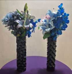 Blue Ceramic Vases w Faux Bouquets of Lilies, Orchids & Anemones ($20 EACH) @ Lasting Creations