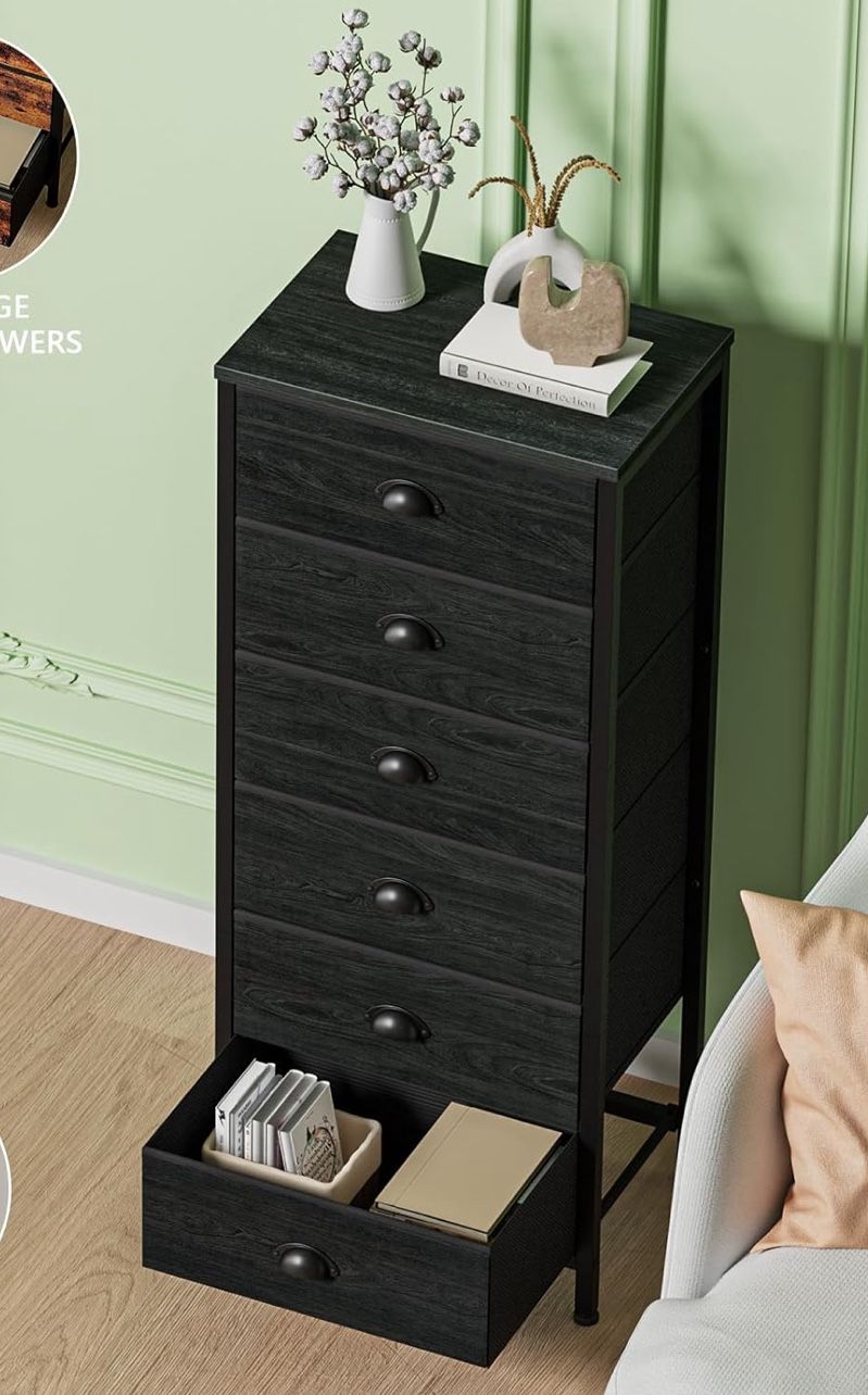 6 FABRIC Drawers Top Wood Dresser Storage Size Length 16", Width 11", Height 43" New Condition Assembled