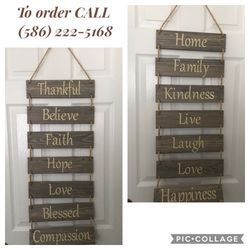 Custom made wooden welcoming hanging slat sign