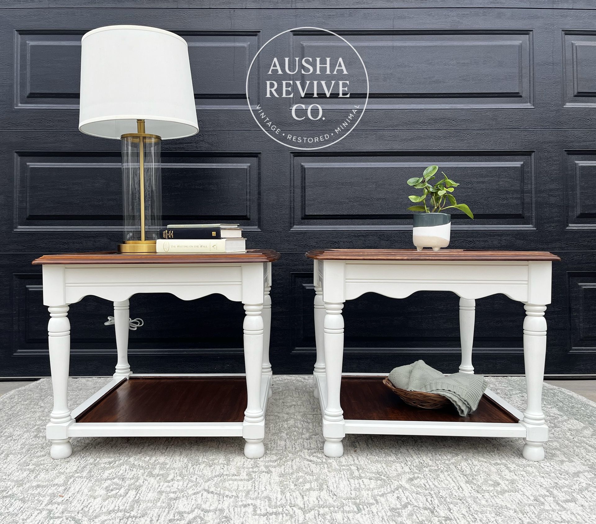 Refinished Vintage Bassett Oak End Tables – Glass Tops (Pair)