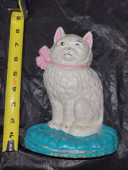 ANTIQUE CAT CAST IRON DOORSTOP, PINK RIBBON, GREAT ORIGINAL PAINT & COLOR WHITE