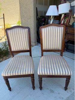 Pair of Classic Wooden Dining Chairs – Striped Upholstery