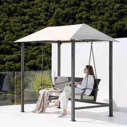 NEW-  Outdoor Porch Swing with Canopy, Removable Cushion for Patio Garden Poolside, Beige