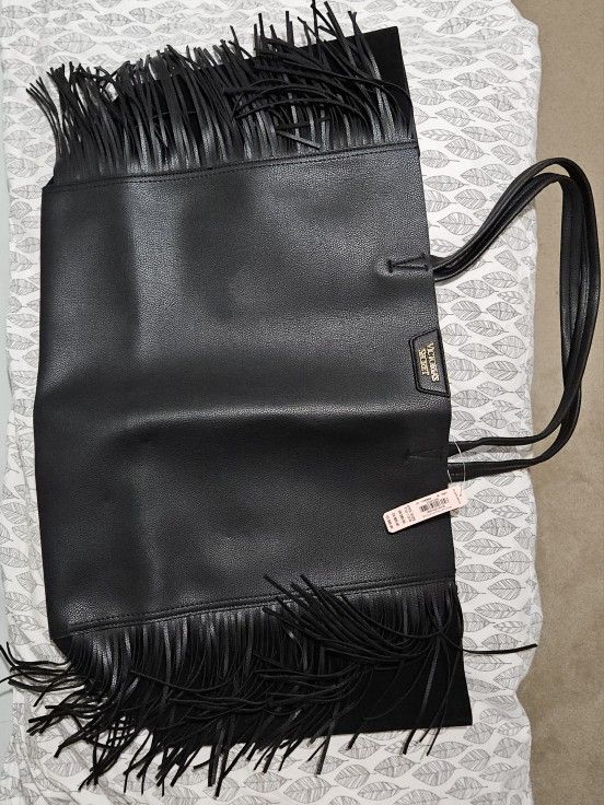 Brand New!!! Huge Victoria Secret Black Leather With Suede Fringe On Sides