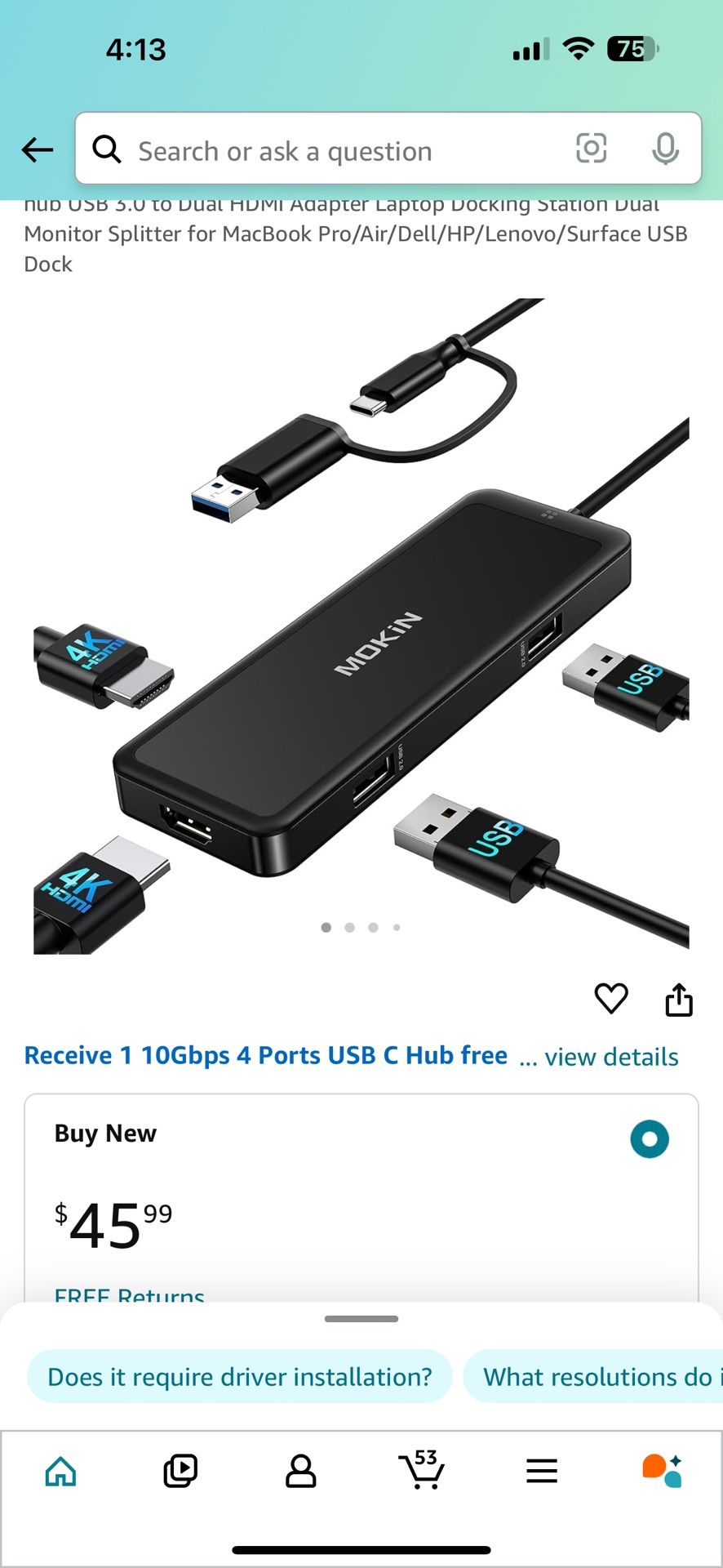 nup Usb su to Dual Homi Adapter Laptop bocking stauon vual Monitor Splitter for MacBook Pro/Air/Dell/HP/Lenovo/Surface USB Dock