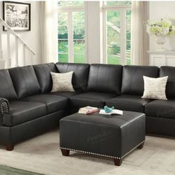 Sofa Sectional Reversible Chaise Fancy Black Bonded Leather🤩Brand New 