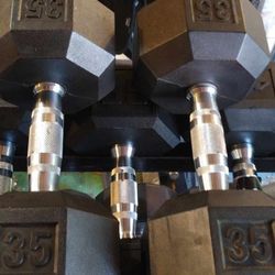 PAIR OF RUBBER HEX 35 LB.  DUMBBELLS 