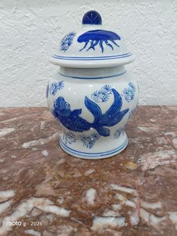 Blue & White Koi Fish Temple Jar, Chinese Porcelain Decor, Condition is Used. 6 inches high x 5 inches wide.