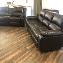New Couch W Fold Down Console  / Love Seat .  Brown Leather .  Free Delivery !
