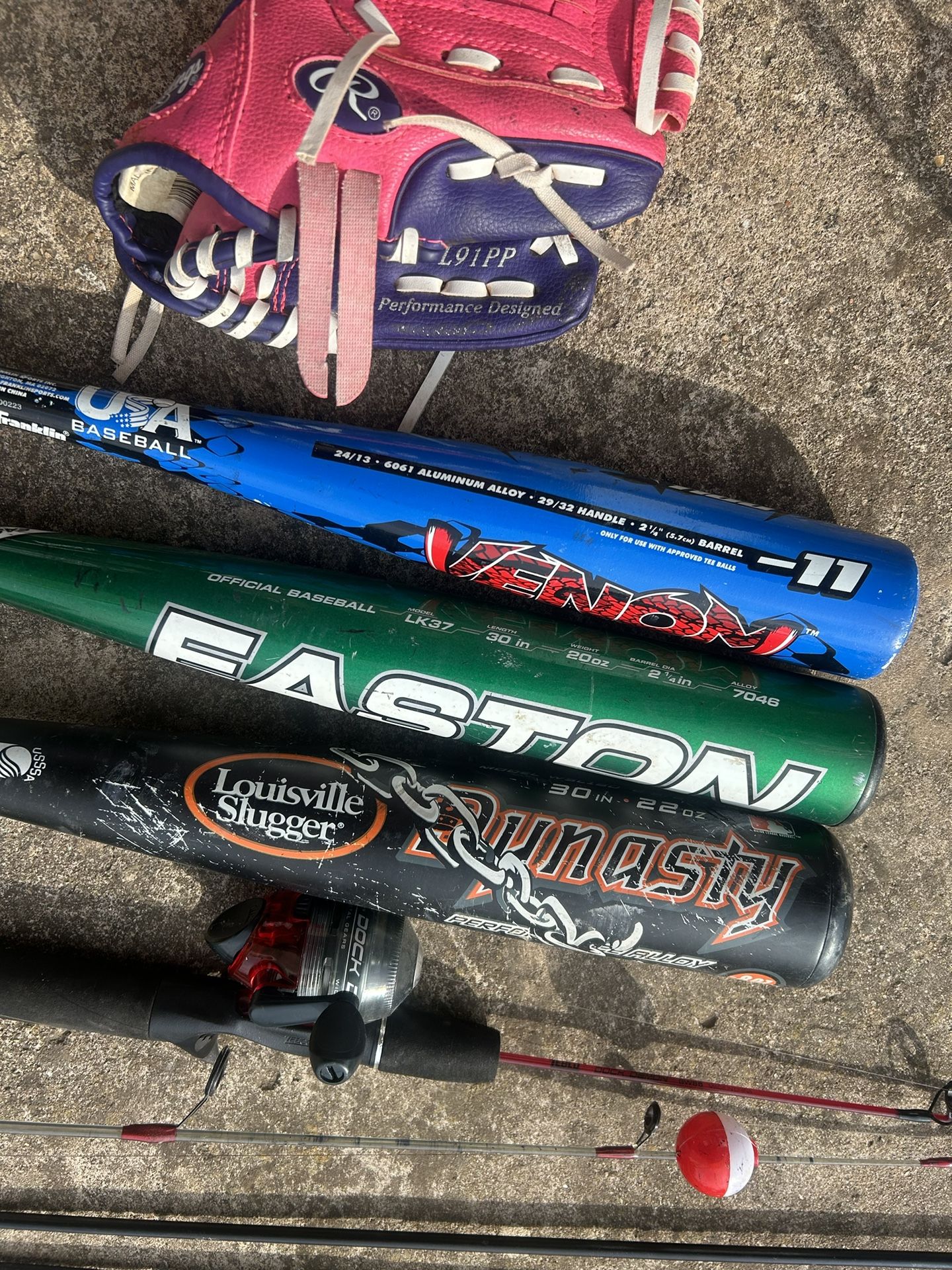 Baseball Gear, Fishing Rod Set, & Bow Gear.