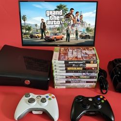 Microsoft Xbox 360 slim with 2 controllers HDMI cord 10 games power supply