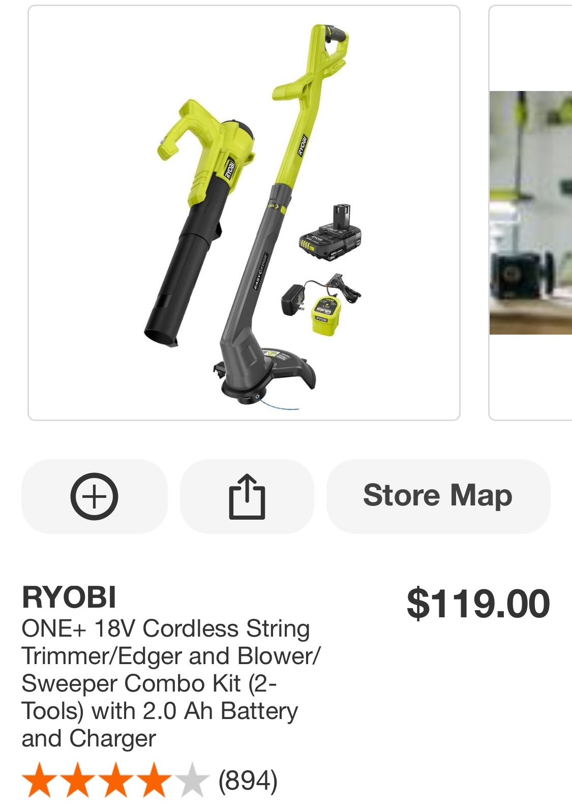 RYOBI ONE+ 18V Cordless String Trimmer/Edger and Blower/Sweeper Combo Kit (2-Tools) with 2.0 Ah Battery and Charger