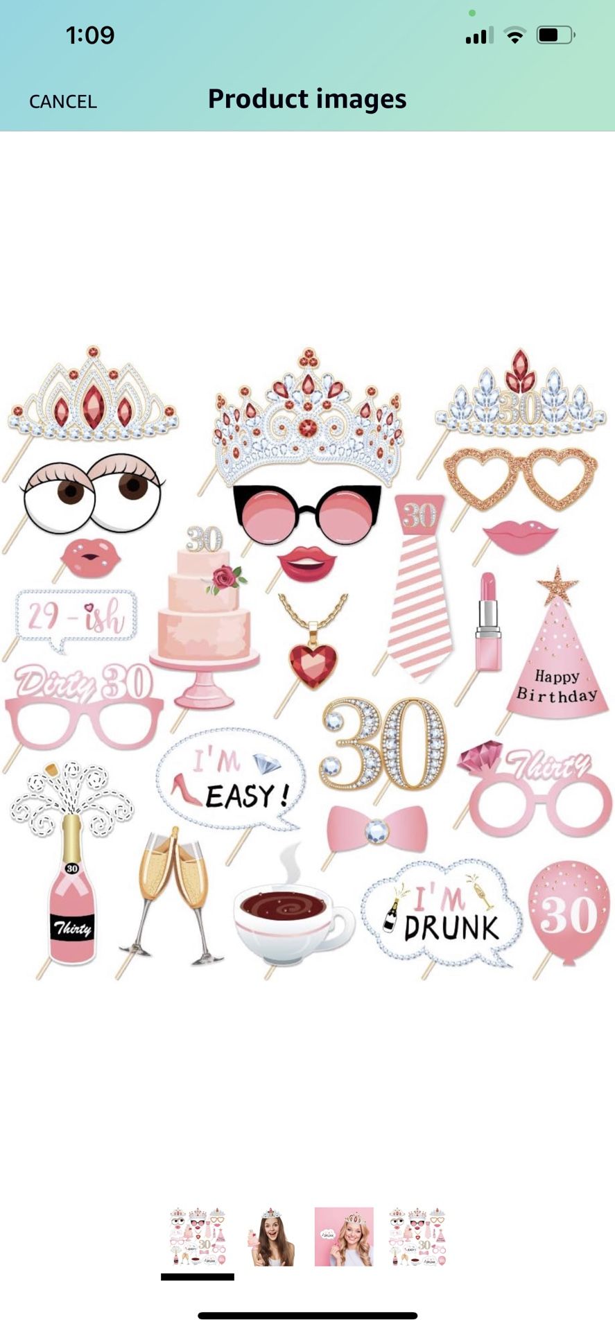 25PCS 30th Birthday Party Photo Booth Props Supplies Thirty Year Rose Gold Selfie Photo Props Decoration