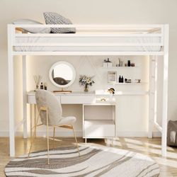 Metal Loft Bed Twin Size with Safety Guardrail & Ladder,Cream White  No Box Spring Needed Space Saving Bedroom Furniture  Brand new in box - Assembly 