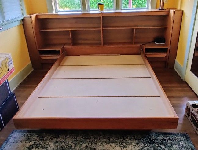 Queen Bed with Shelving Headboard, Made in Denmark
