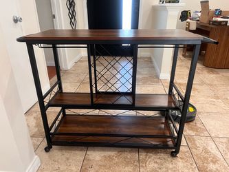 Rolling Home Bar / Wine Rack – Wood & Black Metal