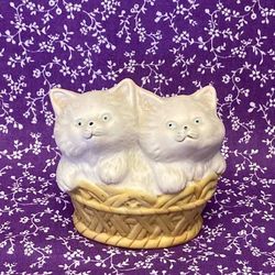 Vintage figurine kittens in a basket white cats with blue eyes porcelain bisque 