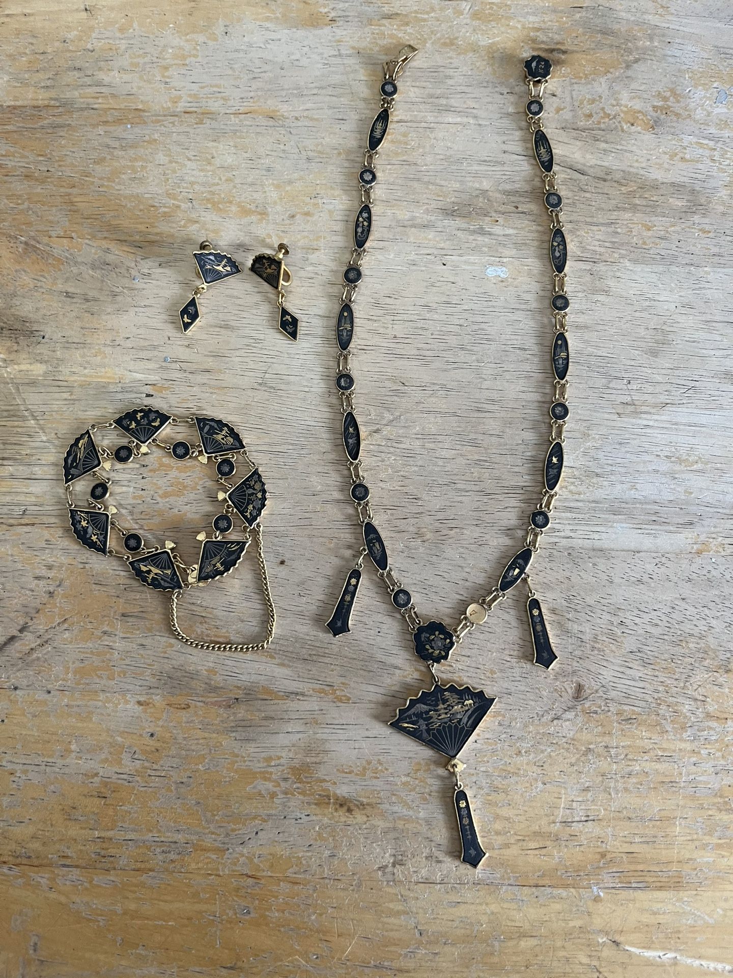 VINTAGE JAPANESE ENAMEL DAMASCENE FAN LINK NECKLACE BRACELET EARRINGS SET K24