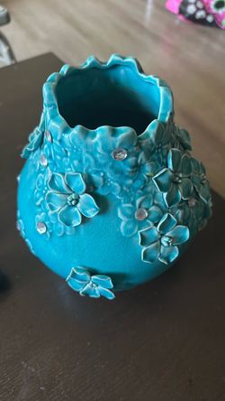 Turquoise Ceramic Vase with Floral Relief