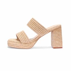 Monrovia Raffia Sandals Women Heeled Sandals Slip On Open Toe Chunky Platform Heel Woven Double Strap Vacation Summer Shoes,Apricot,8