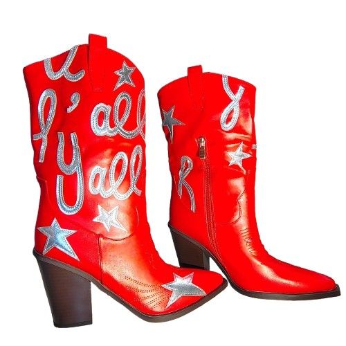 Brand-New Red Faux-Leather Mid-Calf Cowgirl Western Boots w/Silver Text/Stars (9)