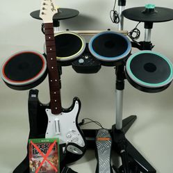 Rock Band 4 Xbox One Bundle Wireless Fender Guitar Drums Pro Cymbals Mic TESTED