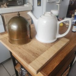Vintagw White Ceramic Tea Pot With Brass Warmer Cover