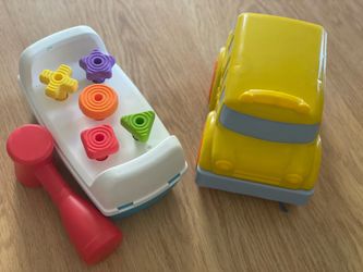 Bus toy & Fisher-Price Tap & Turn Bench Pretend Tools 2-Sided Toy for Infants and Toddlers