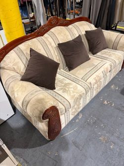 Cream Floral Stripe Sofa with Carved Wood Trim